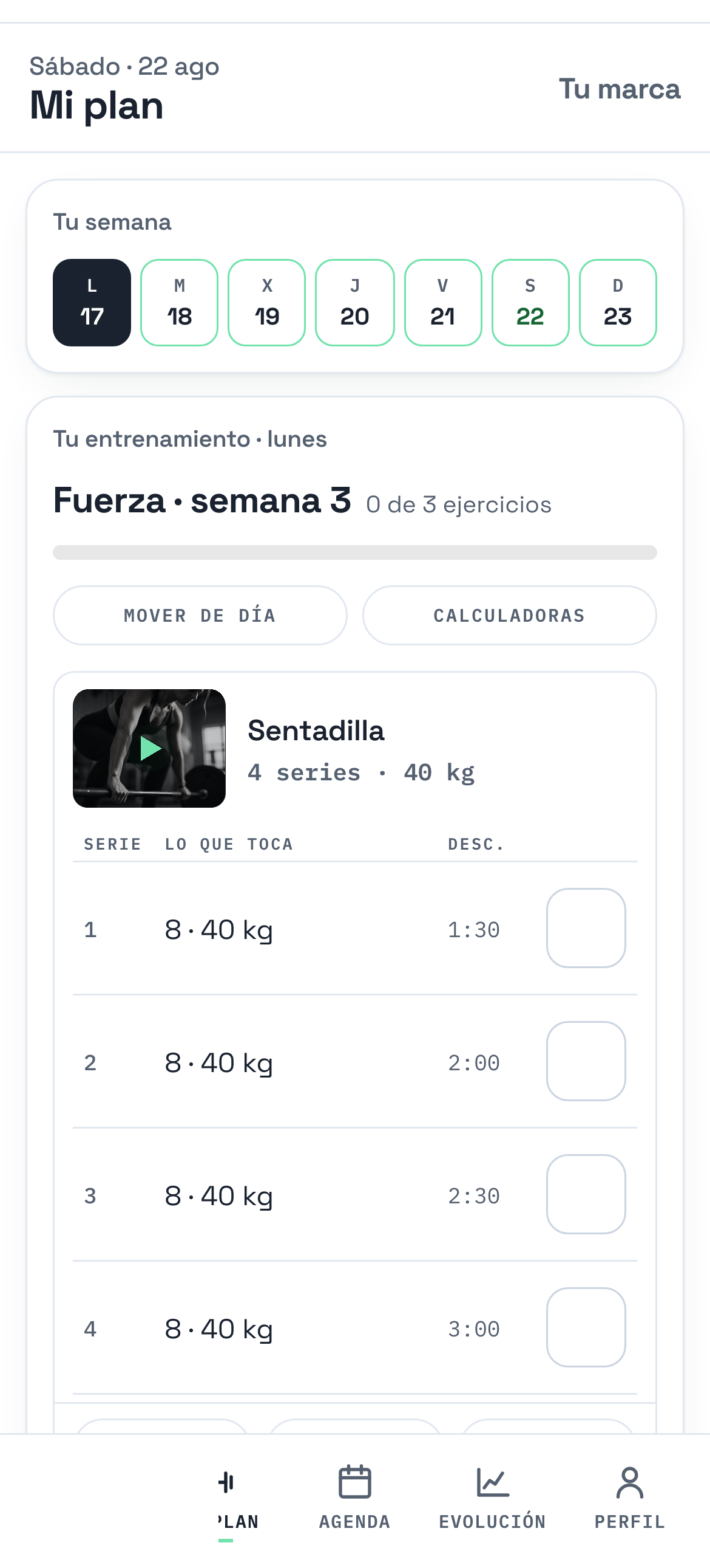 Su entreno del lunes, serie a serie